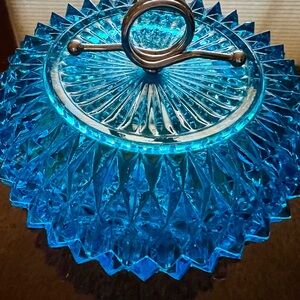 Indiana Glass Diamond Point Aqua Blue Glass Powder Jar Candy Dish Vanity